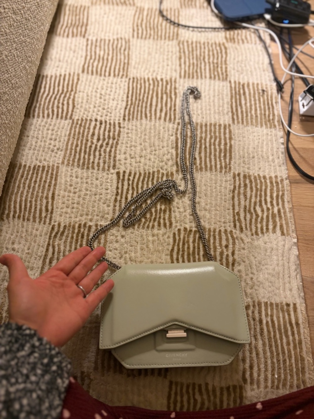 Givenchy Mini Envelope Crossbody Bag in Sage Green with Silver Chain